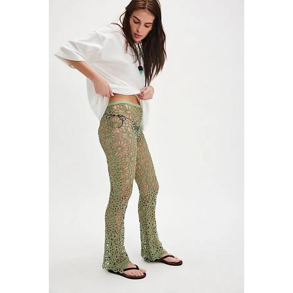 NWT FREE PEOPLE Lace Boot Pants by Norma Kamali $245 MEDIUM Green CROCHET